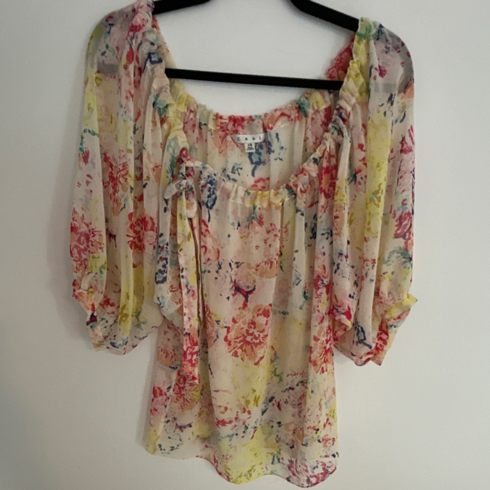 CAbi Womens Multicolor Floral Chiffon Tunic Blouse Scoop Neck Balloon Sleeve